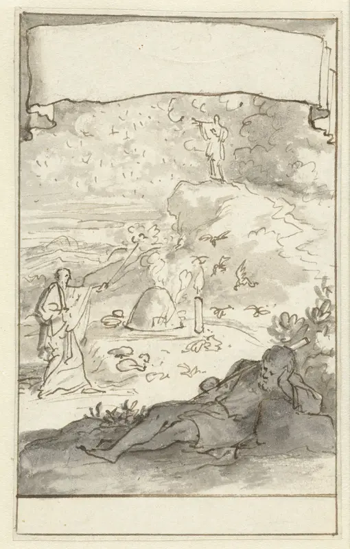 Ontwerp voor een titelblad met drie scènes uit het leven van Abraham Wall Art by Caspar Luyken - High-Resolution Digital Print