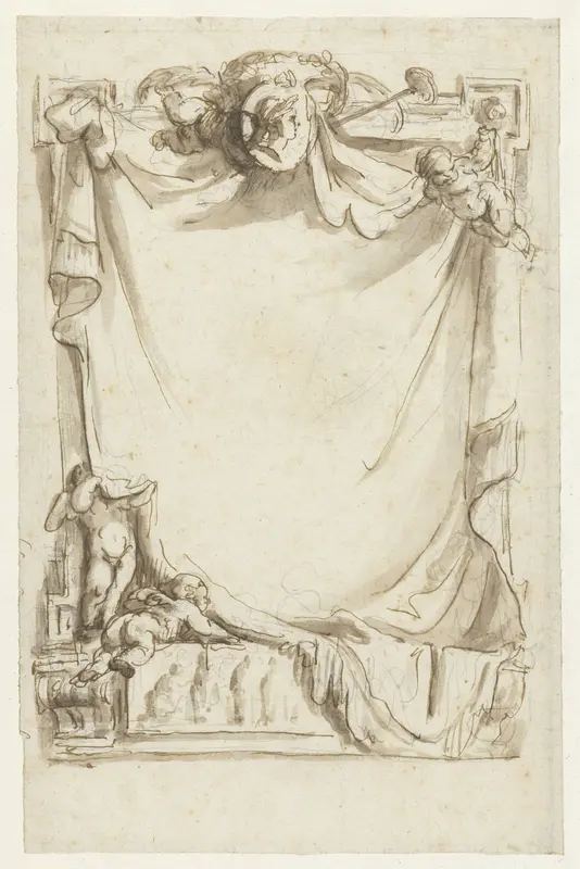 Ontwerp voor een titelblad met putti en een doek voor een raam Wall Art by Pierre Adrien Pâris - High-Resolution Digital Print