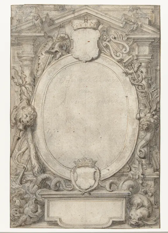 Ontwerp voor een titelblad met twee lege wapenschilden Wall Art by Abraham van Diepenbeeck - High-Resolution Digital Print