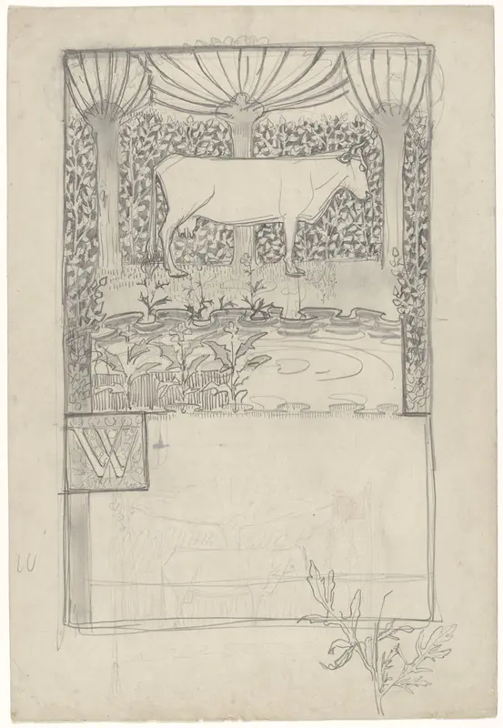 Ontwerp voor een titelblad voor het gedenkboek der Keuzetentoonstelling v. Hollandse schilderkunst: koe staande bij een water voor knotwilgen Wall Art by Antoon Derkinderen - High-Resolution Digital Print