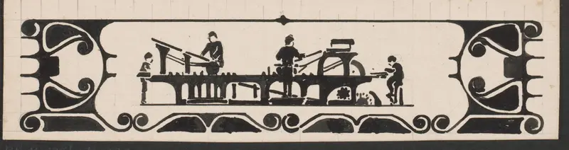Ontwerp voor een titelhoofd met vier figuren in een productielijn Wall Art by Reinier Willem Petrus de Vries (1874-1953) - High-Resolution Digital Print