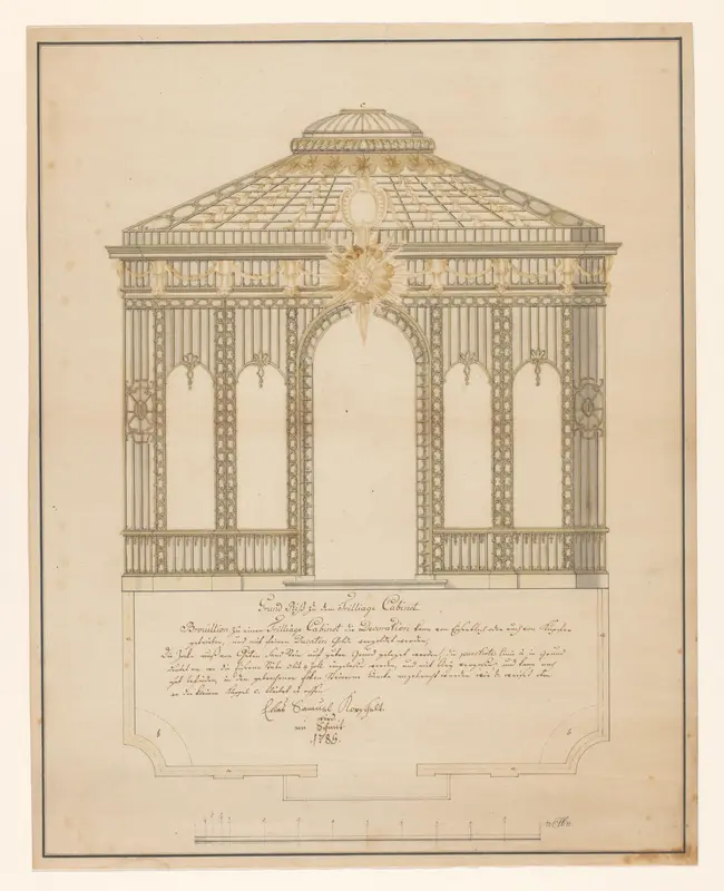 Ontwerp voor een tuinpaviljoen van gedeeltelijk verguld smeedwerk, met eronder een plattegrond Wall Art by Elias Samuel Korschelt - High-Resolution Digital Print