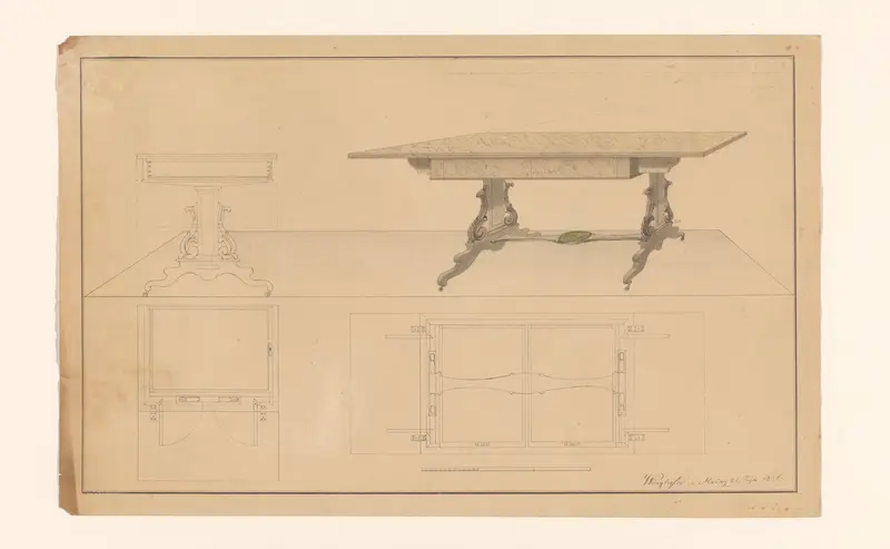 Ontwerp voor een uitklaptafel met zijaanzicht en plattegronden onder beide aanzichten Wall Art by B. Winghofer - High-Resolution Digital Print