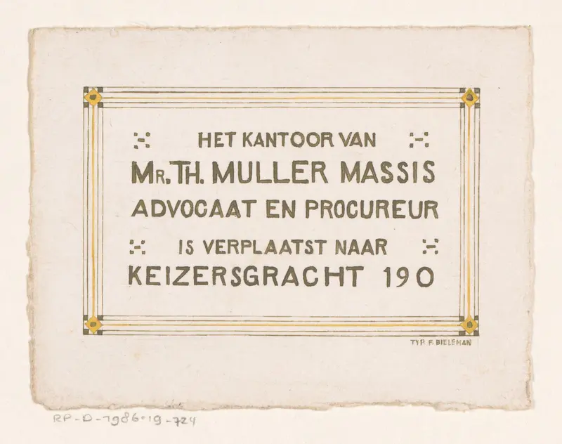 Ontwerp voor een verhuisbericht van Mr. Th. Muller Massis, advocaat en procureur Wall Art by Reinier Willem Petrus de Vries (1874-1953) - High-Resolution Digital Print