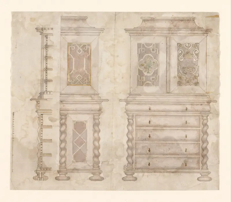 Ontwerp voor een verzamelaarskabinet op een commodevormig onderstel, met papieren deurtjes in de bovenkast Wall Art by Georg Moritz Borrmann - High-Resolution Digital Print