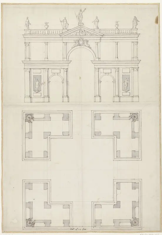 Ontwerp voor een vierkante porticus, kruisgewijs doorsneden, op de balustrade en in nissen standbeelden Wall Art by Unknown - High-Resolution Digital Print