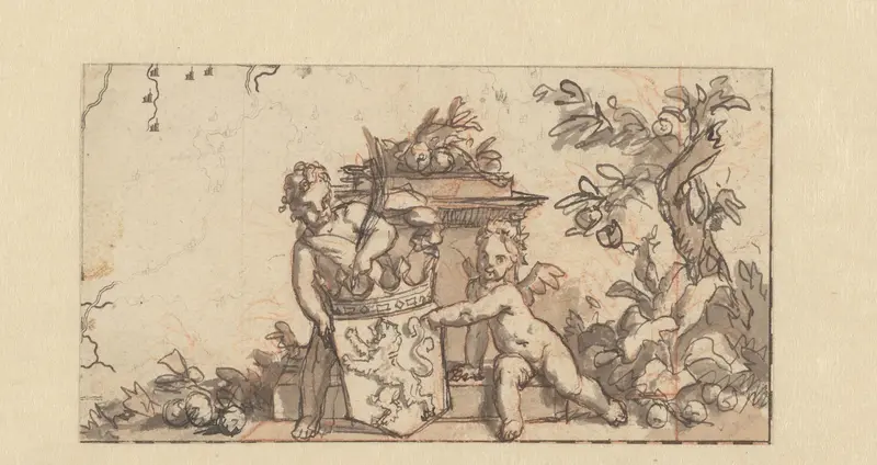 Ontwerp voor een vignet met twee putti met het wapenschild van Holland Wall Art by Gerard de Lairesse - High-Resolution Digital Print
