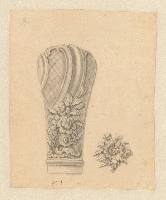Ontwerp voor een wandelstokknop met een bloementak en gearceerde velden, met rechts een bloemenarrangement Wall Art by Unknown - High-Resolution Digital Print
