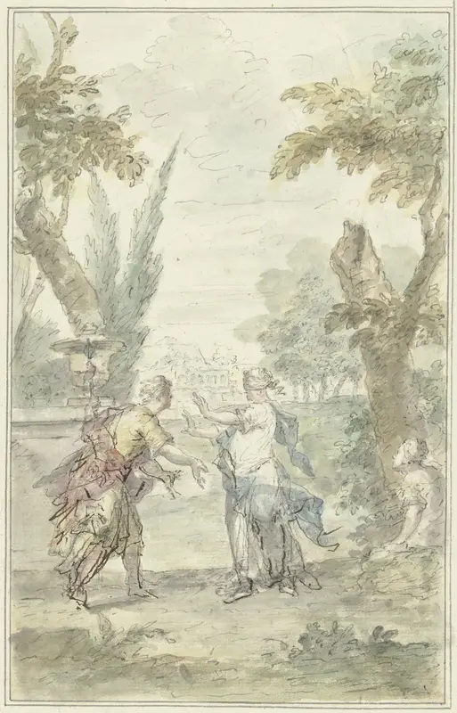 Ontwerp voor een zaalstuk: de geblinddoekte Amaryllis grijpt Myrtillo Wall Art by Dionys van Nijmegen - High-Resolution Digital Print