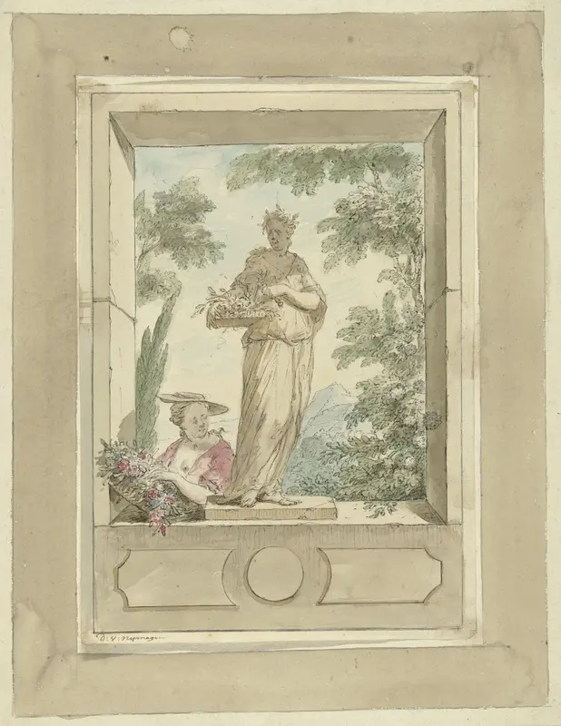 Ontwerp voor een zaalstuk: standbeeld van Flora waarachter een vrouw met bloemenmand Wall Art by Dionys van Nijmegen - High-Resolution Digital Print