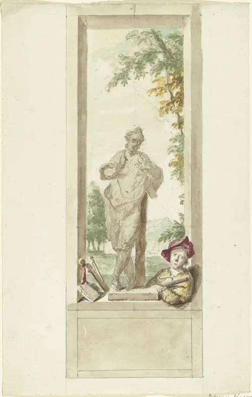 Ontwerp voor een zaalstuk: standbeeld van zintuig Gehoor, daarnaast een jongeman met muziekinstrumenten Wall Art by Dionys van Nijmegen - High-Resolution Digital Print