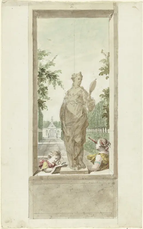 Ontwerp voor een zaalstuk: standbeeld van zintuig Gezicht, daarnaast een jongen met vergrootglas en vrouw met kijker Wall Art by Dionys van Nijmegen - High-Resolution Digital Print