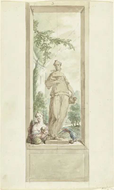 Ontwerp voor een zaalstuk: standbeeld van zintuig Smaak, daarnaast een vrouw en papegaai met vruchten Wall Art by Dionys van Nijmegen - High-Resolution Digital Print