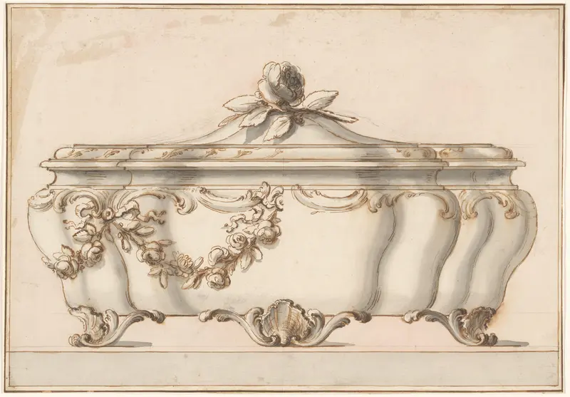 Ontwerp voor een zilveren doos met deksel op schelpvormige poten, met alternatieve oplossingen links en rechts Wall Art by Luigi Valadier - High-Resolution Digital Print
