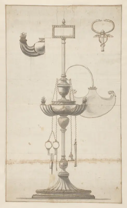 Ontwerp voor een zilveren olielamp, met variaties voor het bekronende element en de vlammenhouder Wall Art by anonymous - High-Resolution Digital Print