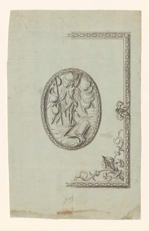 Ontwerp voor het beslag van een boekband, met een medaillon met de herrijzenis van Christus en een lelie in de hoek Wall Art by anonymous - High-Resolution Digital Print