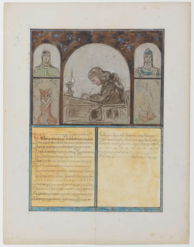 Ontwerp voor Illustratie (fol. 1): Van den Vos Reinaerde, In het midden de schrijver Willem Wall Art by Bernard Willem Wierink - High-Resolution Digital Print