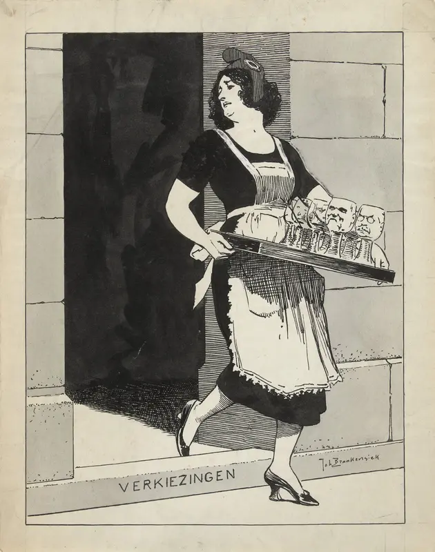 Ontwerp voor illustratie in De Amsterdammer: De Nederlandse Maagd als dienstmeid met een blad glazen struikelt over het afstapje Verkiezingen (17 Mei 1924) Wall Art by Johan Braakensiek - High-Resolution Digital Print