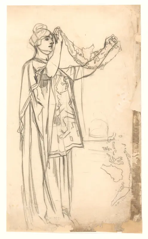 Ontwerp voor illustratie in De Amsterdammer: de Nederlandse Maagd houdt de Indonesische eilandenarchipel omhoog (14 October 1916) Wall Art by Johan Braakensiek - High-Resolution Digital Print
