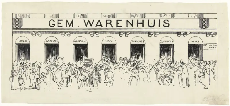 Ontwerp voor illustratie in De Amsterdammer: drommen mensen voor het Gem. Warenhuis (26 Juni 1920) Wall Art by Johan Braakensiek - High-Resolution Digital Print