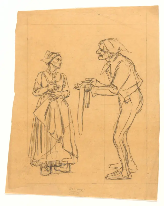 Ontwerp voor illustratie in De Amsterdammer: een man met een riem staande voor een vrouw op klompen (6 April 1918) Wall Art by Johan Braakensiek - High-Resolution Digital Print