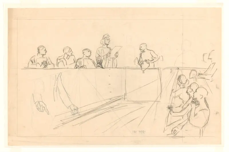 Ontwerp voor illustratie in De Amsterdammer: een rechtzaal met een man in het beklaagdenbankje (14 Februari 1920) Wall Art by Johan Braakensiek - High-Resolution Digital Print
