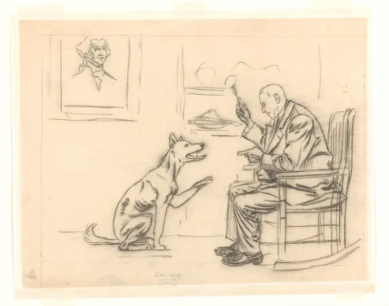 Ontwerp voor illustratie in De Amsterdammer: een zittende man houdt een hond een hapje voor (9 Augustus 1919) Wall Art by Johan Braakensiek - High-Resolution Digital Print