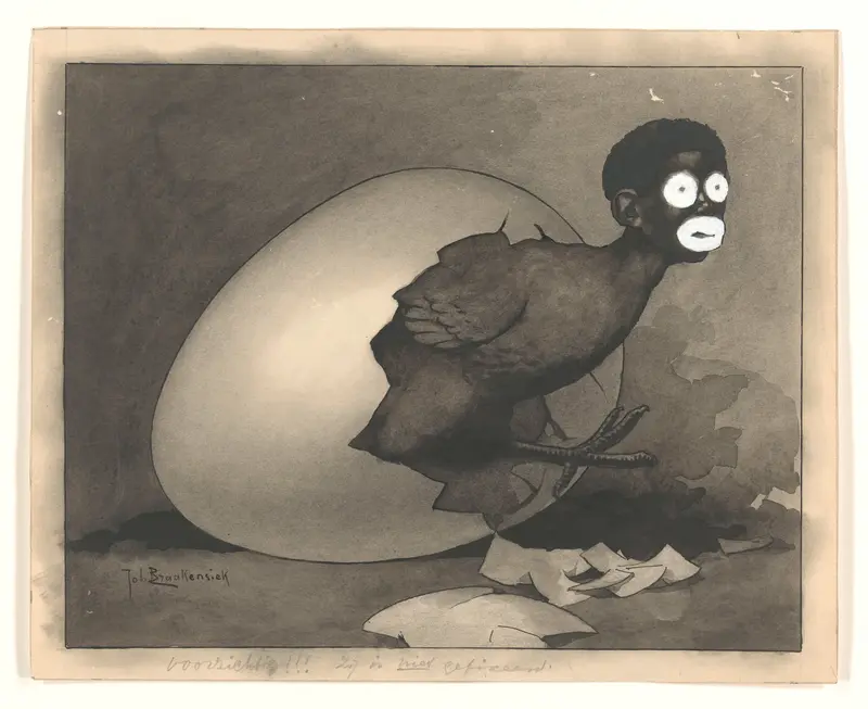 Ontwerp voor illustratie in De Amsterdammer: een zwarte man kruipt uit een ei (19 April 1930) Wall Art by Johan Braakensiek - High-Resolution Digital Print