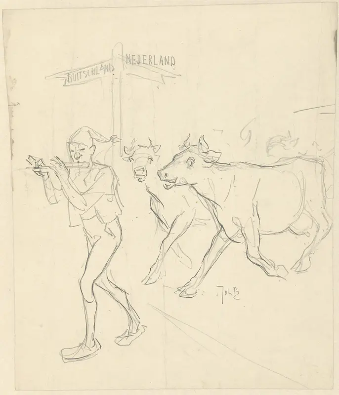 Ontwerp voor illustratie in De Amsterdammer: fluitspelende rattenvanger lokt koeien uit Nederland naar Duitsland (20 Mei 1916) Wall Art by Johan Braakensiek - High-Resolution Digital Print