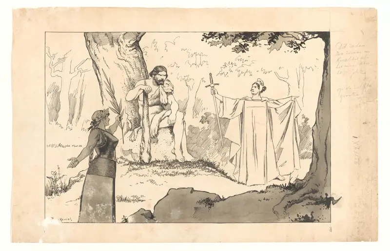 Ontwerp voor illustratie in De Amsterdammer: Hercules op de tweesprong voor de keuze tussen Oorlog en Vrede (12 Mei 1917) Wall Art by Johan Braakensiek - High-Resolution Digital Print