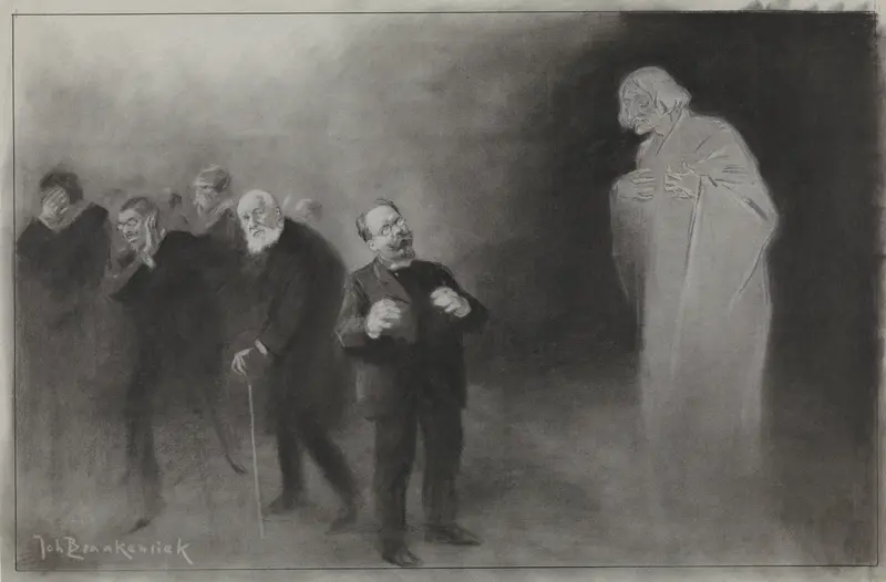 Ontwerp voor illustratie in De Amsterdammer: Het vergeten van Schimmel in den Nieuwjaarswensch van den Stadschouwburg, 13 januari 1907 Wall Art by Johan Braakensiek - High-Resolution Digital Print