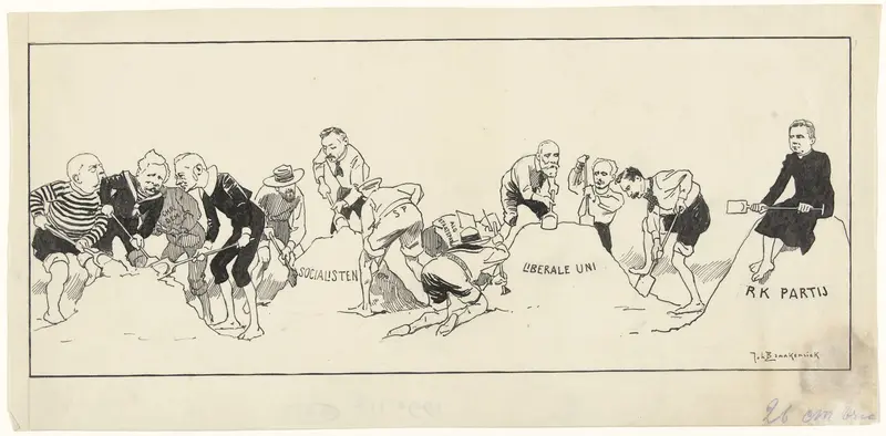 Ontwerp voor illustratie in De Amsterdammer: politieke partijen bouwen zandkastelen op het strand (15 Juni 1918) Wall Art by Johan Braakensiek - High-Resolution Digital Print