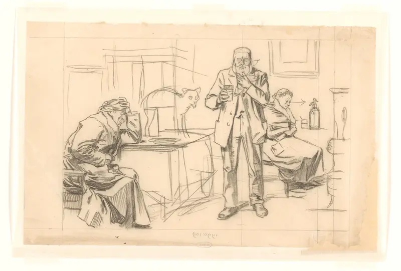 Ontwerp voor illustratie in De Amsterdammer: twee zittende figuren en een staande man met een beker Kwast (23 November 1918) Wall Art by Johan Braakensiek - High-Resolution Digital Print