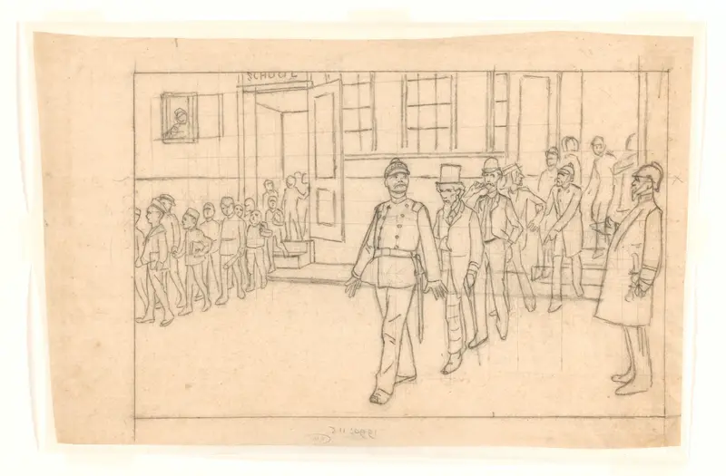 Ontwerp voor illustratie in De Amsterdammer: Uit een school komen zowel jongens als volwassenen (26 Juli 1896) Wall Art by Johan Braakensiek - High-Resolution Digital Print