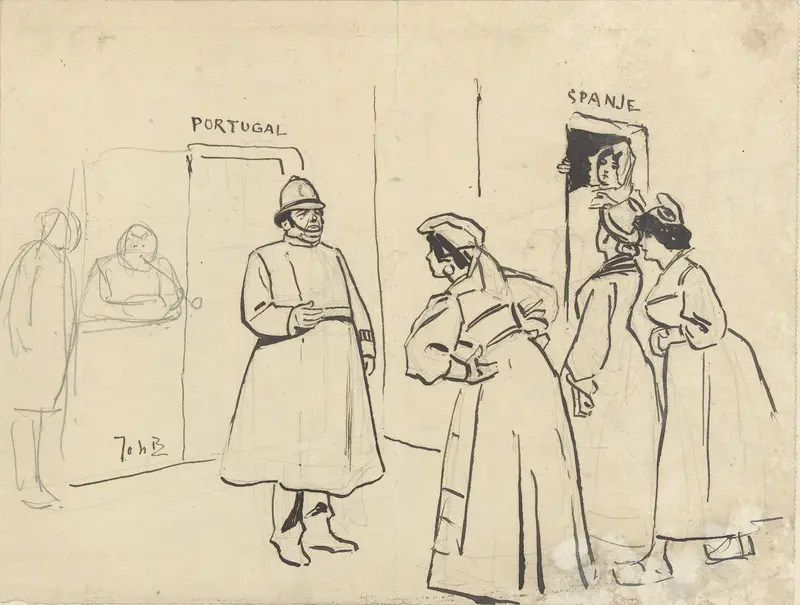 Ontwerp voor illustratie in De Amsterdammer: vier vrouwen voor een deur (Portugal) bewaakt door een agent (1 December 1907) Wall Art by Johan Braakensiek - High-Resolution Digital Print