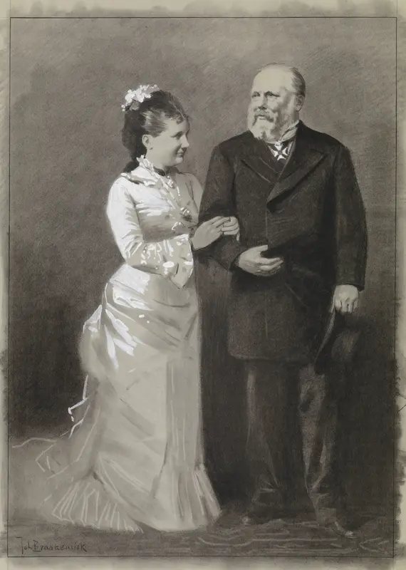 Ontwerp voor illustratie in De Amsterdammer: Z.M. Koning Willem III en zijn jeugdige echtgenote Koningin Emma, 1879 Wall Art by Johan Braakensiek - High-Resolution Digital Print