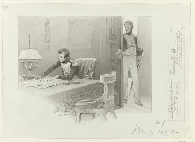 Ontwerp voor illustratie voor De Kolossus der Negentiende Eeuw door P.J. Andriessen (Textill., blz. 26); scène uit het leven van Napoleon, Interieur met Napoleon aan tafel Wall Art by George Lodewijk de Wetstein Pfister - High-Resolution Digital Print