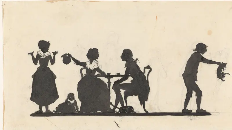 Ontwerp voor illustratie voor In Holland staat een huis: silhouet van de familie die de kat het huis uitjaagt Wall Art by Nelly Bodenheim - High-Resolution Digital Print
