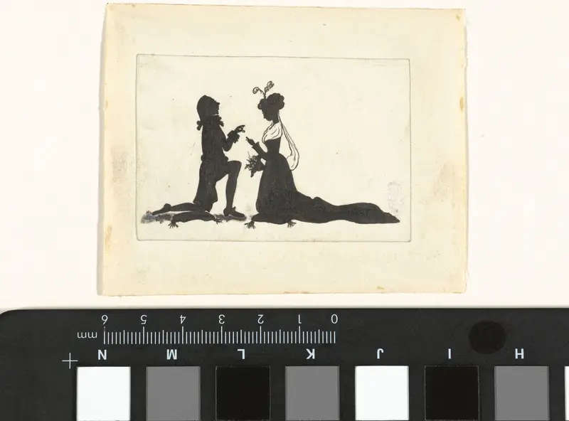Ontwerp voor In Holland staat een Huis: silhouetten van een man knielend voor een vrouw Wall Art by Nelly Bodenheim - High-Resolution Digital Print