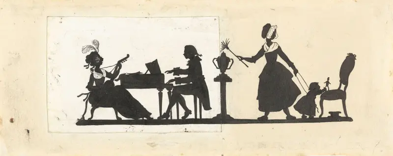 Ontwerp voor In Holland staat een Huis: silhouetten van een musicerend paar en de meid die op het kind past Wall Art by Nelly Bodenheim - High-Resolution Digital Print