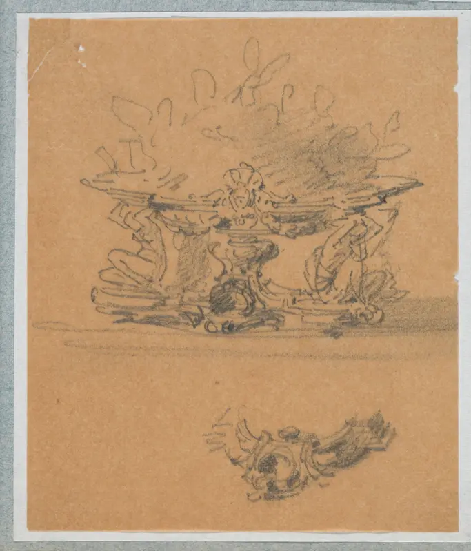 Ontwerp voor jardinière met knielende figuren, met daaronder detail met schild Wall Art by Henri Cameré - High-Resolution Digital Print