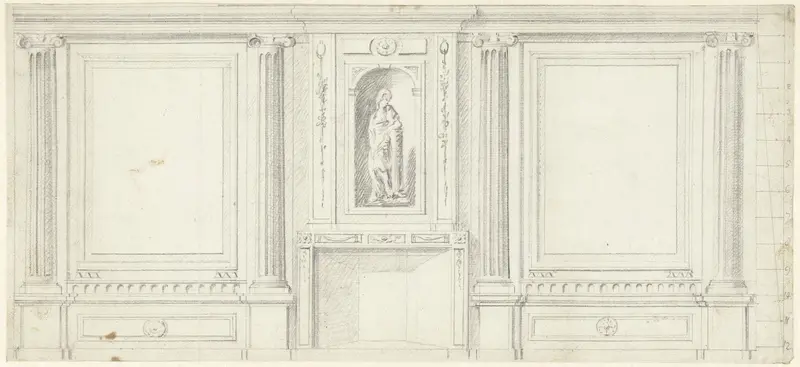Ontwerp voor kamerversiering met drie panelen met boven de schoorsteenmantel een staande figuur Wall Art by Abraham Meertens - High-Resolution Digital Print