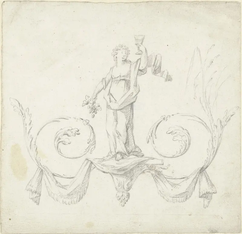 Ontwerp voor kamerversiering met een paneel met een bacchante op twee voluten Wall Art by Abraham Meertens - High-Resolution Digital Print