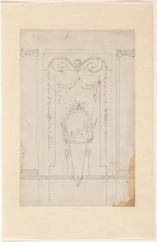 Ontwerp voor kamerversiering met een paneel met een medaillon met een gebouw Wall Art by Abraham Meertens - High-Resolution Digital Print