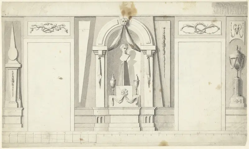 Ontwerp voor kamerversiering met tussen twee deuren een buste op een voet tussen twee urnen Wall Art by Abraham Meertens - High-Resolution Digital Print