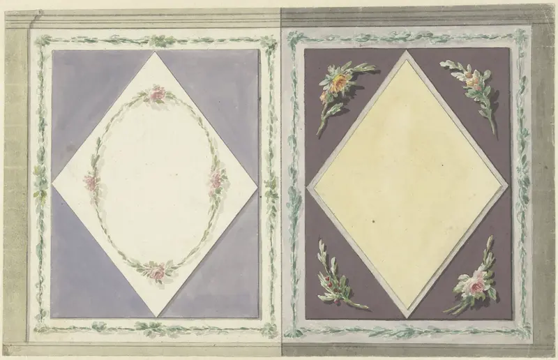 Ontwerp voor kamerversiering met twee panelen, een met een ruit in geel en een met een krans van rozen in een ruit Wall Art by Abraham Meertens - High-Resolution Digital Print