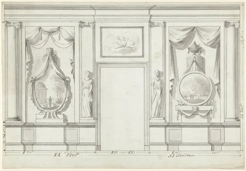 Ontwerp voor kamerversiering met twee panelen met landschappen en een deur met aan weerszijden standbeelden van vrouwen Wall Art by Abraham Meertens - High-Resolution Digital Print