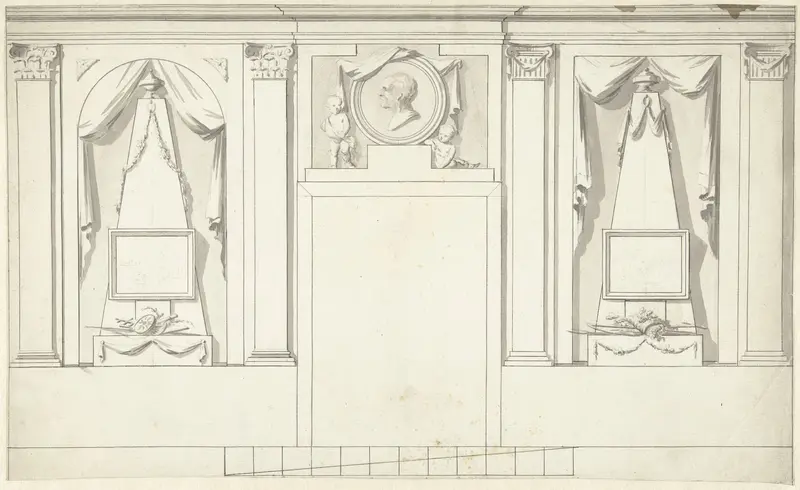 Ontwerp voor kamerversiering met twee panelen met obelisken en portretmedaillon boven deur Wall Art by Abraham Meertens - High-Resolution Digital Print