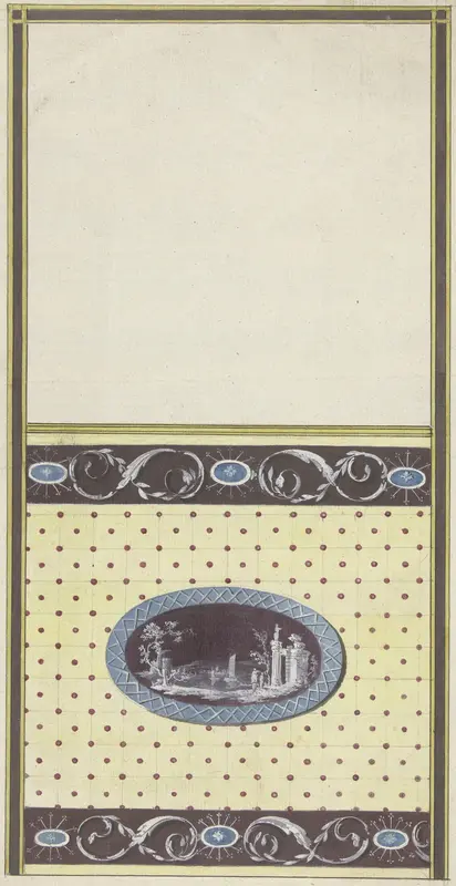 Ontwerp voor kamerversiering met verticaal twee panelen, de onderste met een ruïnelandschap in een liggend ovaal Wall Art by Abraham Meertens - High-Resolution Digital Print
