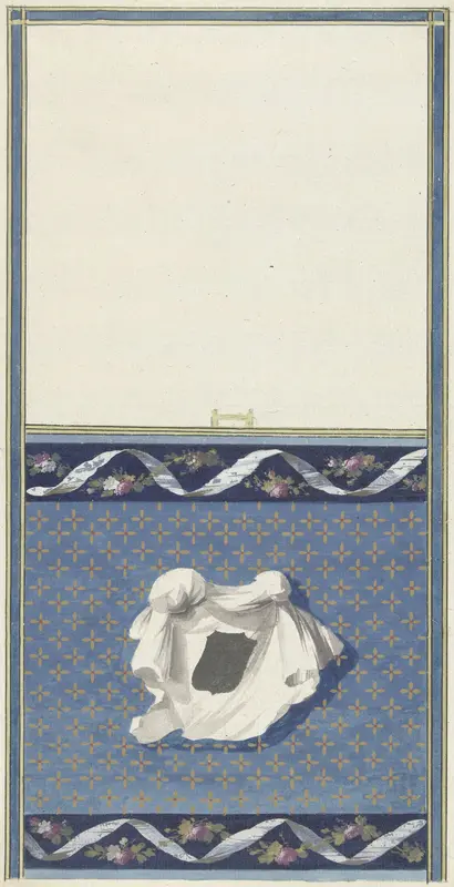 Ontwerp voor kamerversiering met verticaal twee panelen, de onderste met een witte doek op een sterrenfond Wall Art by Abraham Meertens - High-Resolution Digital Print